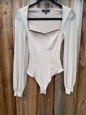 Lulu's Beige Long-Sleeve Mesh Square Neck Bodysuit